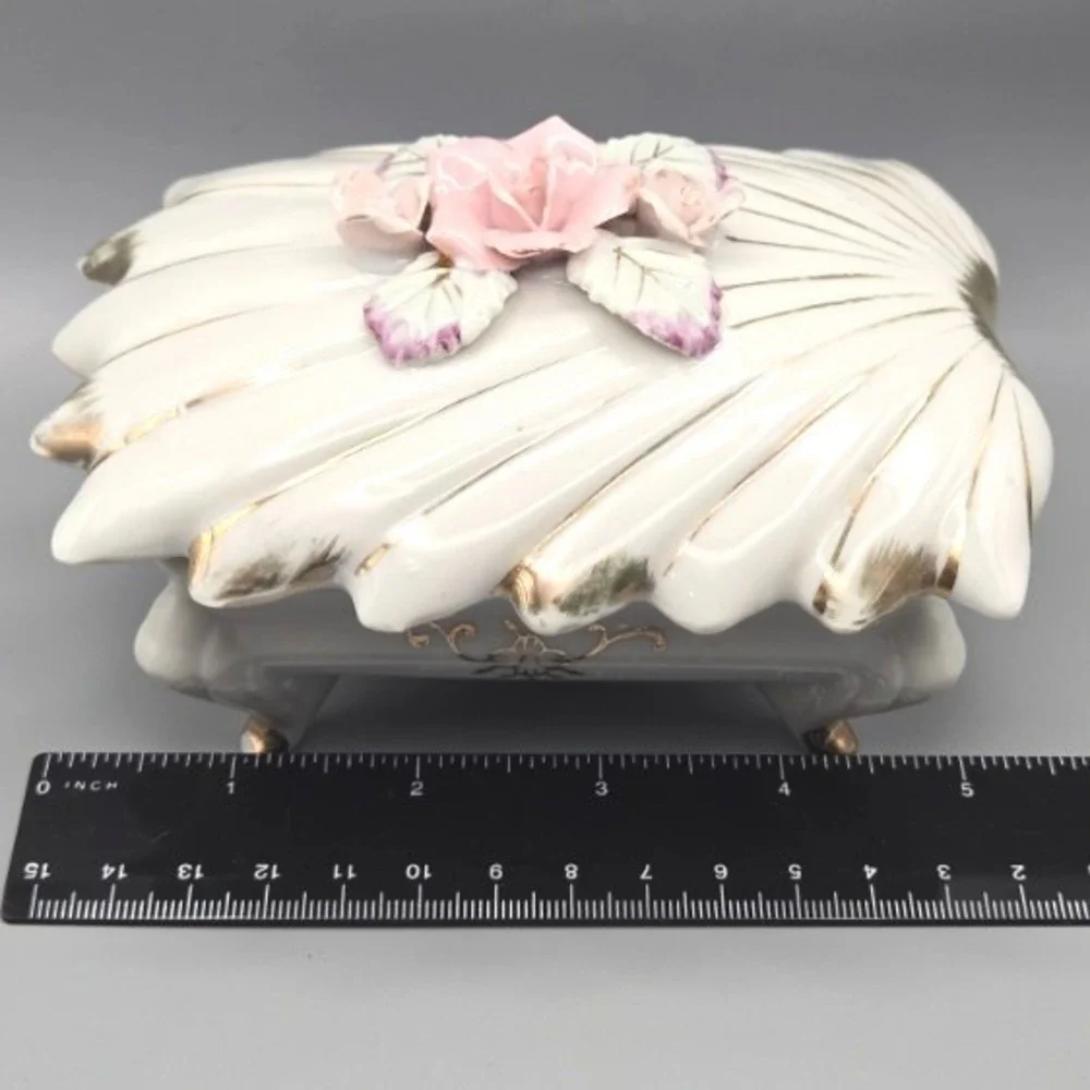 Vintage 1960s Porcelain Trinket Box Shell Hand Painted Rose Design Made in Japan